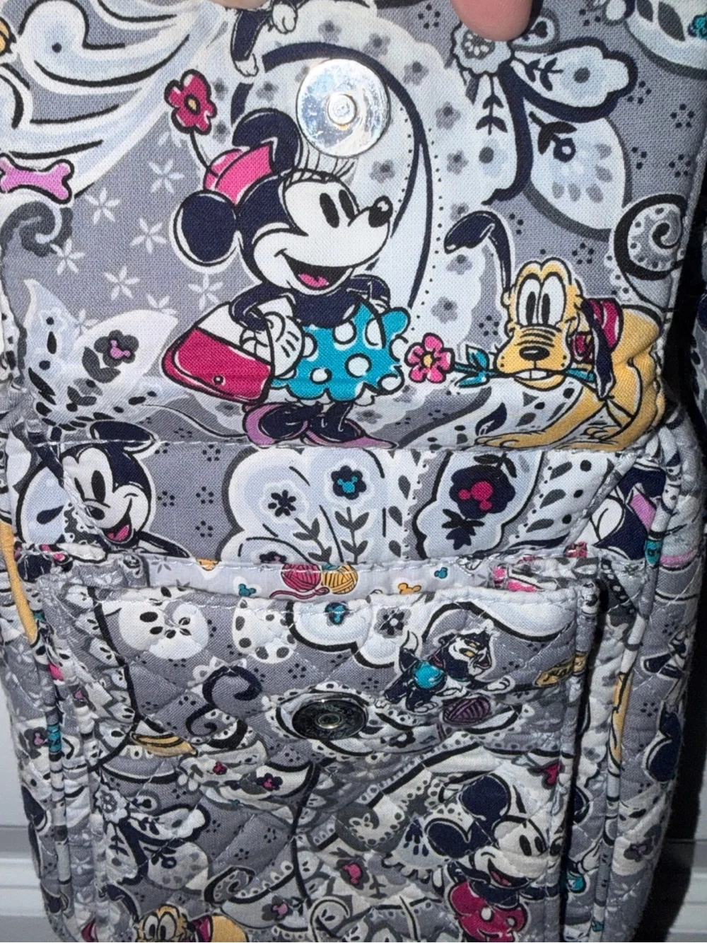 Vera Bradley Gray Minnie & Mickey Quilted Crossbody with Teal and Pink Accents